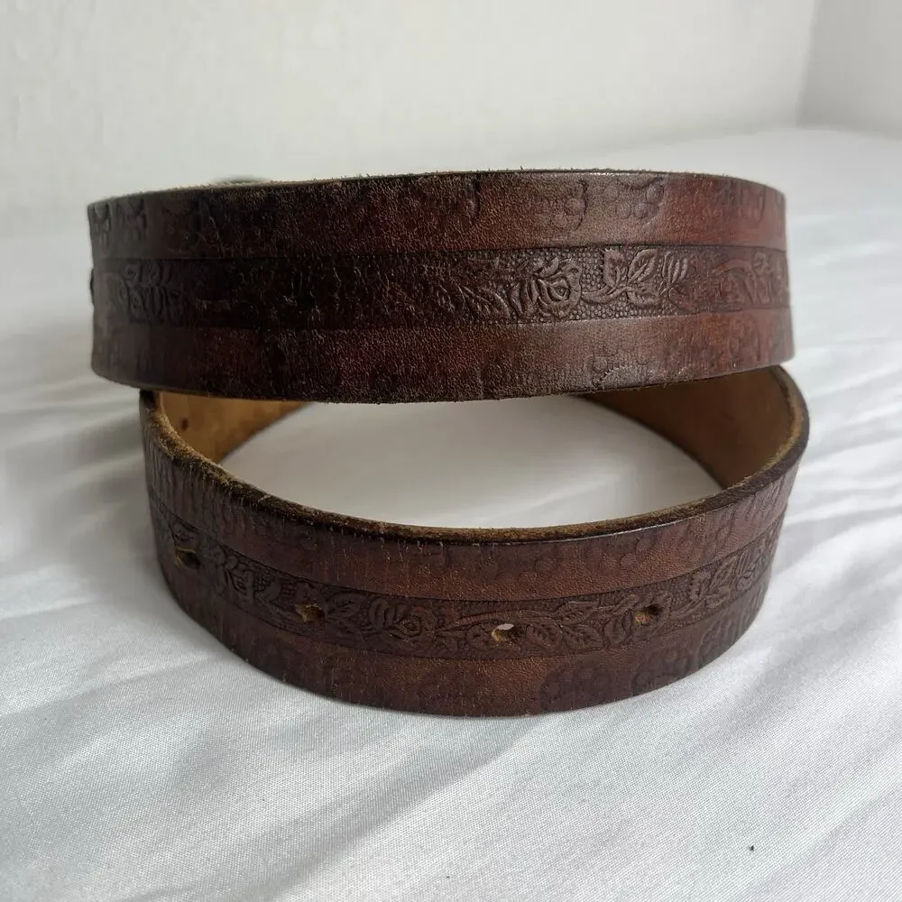 Unbranded Brown Leather Belt Mens Size 38, braided and floral tooled pattern